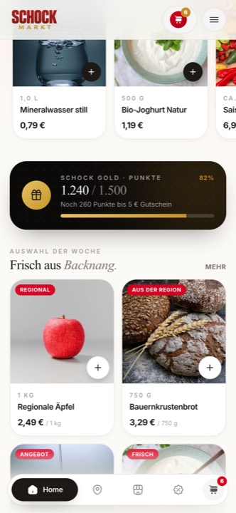 SCHOCK MARKT Prototyp: Sortiment und Punktekonto